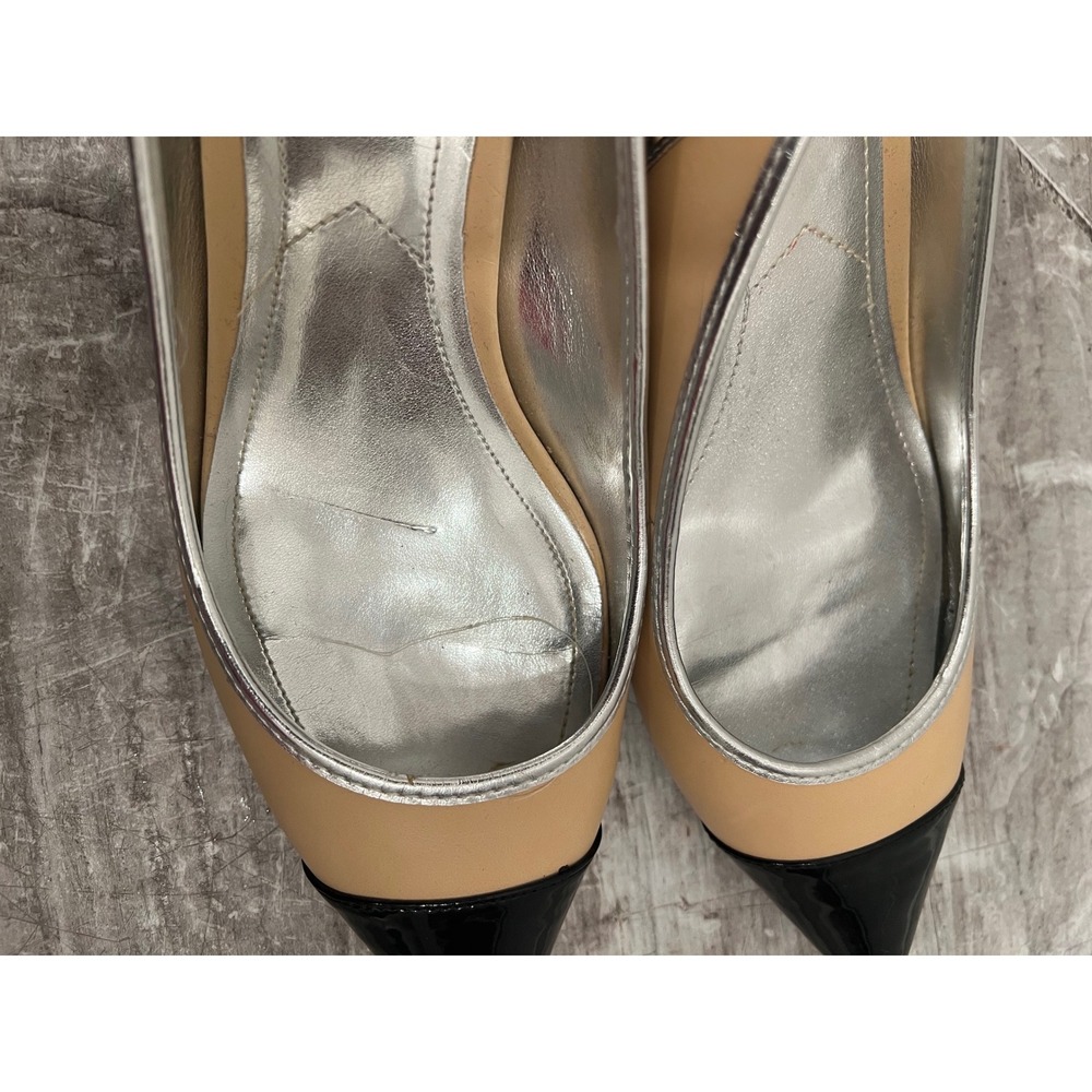 Zara Contrast Cap Toe Block Heels Womens Tan Black Silver Slingback Heels 41 US - Picture 9 of 13